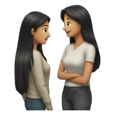 2 women standing talking, an older one receiving advice from a younger one with black long hair sticker