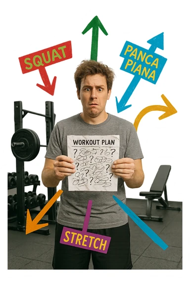 a person stands in the center of a gym, surrounded by arrows pointing in all directions, each labeled with a different exercise (e.g., “squat,” “Salti,” “stretch,” “Panca Piana”). The person looks bewildered, holding a workout plan with scribbles and question marks. The scene is colorful but visually messy, symbolizing confusion. in italiano immagine iperrealistica sticker