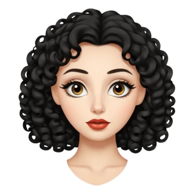 persona mujer con piel clara y rizos suaves color negro y largos  y sin volumen y con delineador en los ojos y con los labios medianos, ojos almendrados y nariz respringada sticker
