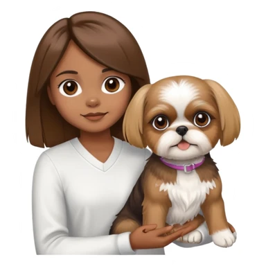 A girl with brown hair and brown eyes with straight hair holding a cute brown and a little blonde shih tzu  sticker