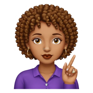 faça uma mulher com o cabelo curtinho cacheado com piercing no nariz e brincos e o dedo indicador no canto da boca morena, faça igual a segunda foto só que com o dedo na  boca mesmo  sticker