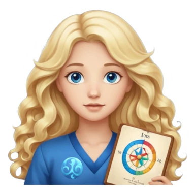 A long wavy haired blonde girl with blue eyes holding a astrology natal chart. sticker