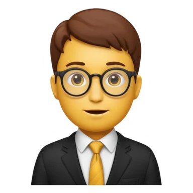 emoji character with the classic nerd emoji head (yellow round face, large brown glasses, buck teeth, freckles). The body is human-like, dressed in an elegant black suit with a tie, in a thoughtful and philosophical pose —  sticker