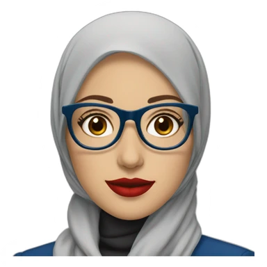 Hijabi white woman with glasses and brown eyes wearing a blue suit and red lipstick sticker