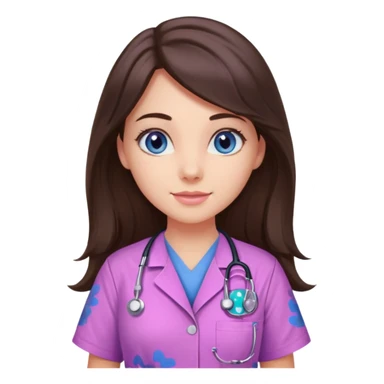 pretty brunette nurse with long hair and blue eyes in pink and purple dinosaur pattern scrubs sticker