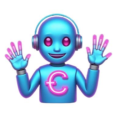 Tiny smiling cyber creature made of neon lines, holding a small glowing C symbol, with little sparks around it. sticker