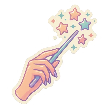 Elegant female hand with almond-shaped nails holding a magic wand, stars flying out of the wand, retro stickers style, thin clean contours, soft rounded shapes, pastel palette #98B5BC, #B5B3C1, #C9A3C9, #E4C0CA, #F7DCD1, #F7C0AA, detailed shadows and highlights, soft lighting, transparent background, no decorative elements sticker