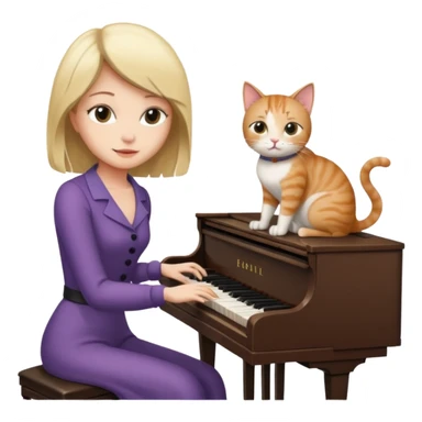 woman playing piano while her cat sits on top of the piano sticker