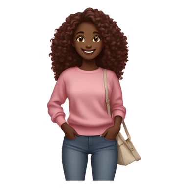 Girl smiling, dark skin, in a pink sweater, wearing white sneakers, loose curly hair, marsala hair color, brown eyes, with bags in her hands sticker