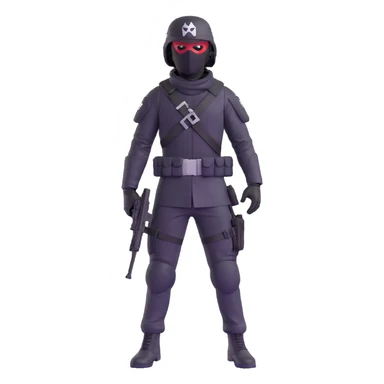 armed figure in all-black military clothing, shiesty mask, and helmet, standing in a ready pose sticker