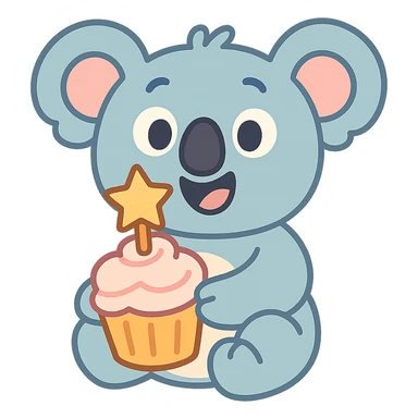 happy koala holding cupcake with 1 star candle in pastel-toon style sticker