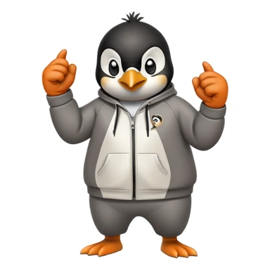 friendly anthropomorphised penguin wearing a mafia-style tracksuit, secretive scheming pose, angry expression, determined stride, holding a knuckle duster sticker
