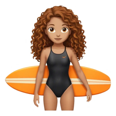 Surfer girl with black swimsuit and orange surfboard and long curly hair sticker