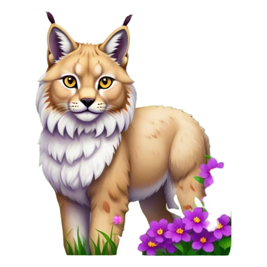 Collage of exotic animals: a lynx with striking eyes, and a fluffy alpaca standing in a lush meadow. The lynx gazes intently while the alpaca looks calm and curious. Surrounded by vibrant plants and flowers. Transparent background for a lively, colorful scene. sticker