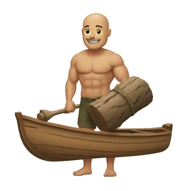 Bald muscular man carrying a boat and a log sticker
