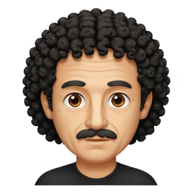 60 year old Greek man with short black curly frizzy hair that sticks up and has a black shirt sticker