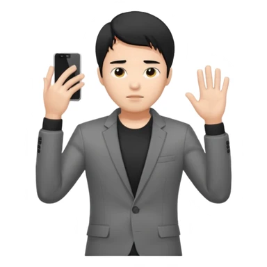 asian young man with black hair covering forehead in grey blazer and black t-shirt  sticker