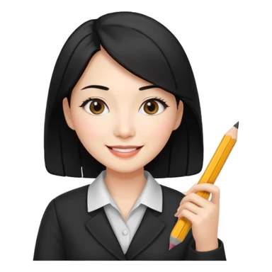 a korean cosmetics marketing expert women with black hair, holding pencil and phone sticker