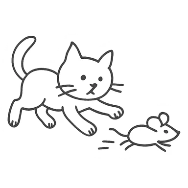 hand drawn outlined cat chasing a mouse icon sticker