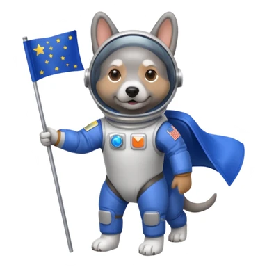 a gray dog in space suit, holding blue rectangle flag, full body, front view sticker