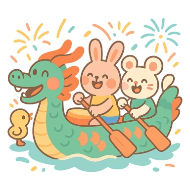 chubby dragon boat with cute animal rowers paddling joyfully, pastel-toon style, festive background sticker
