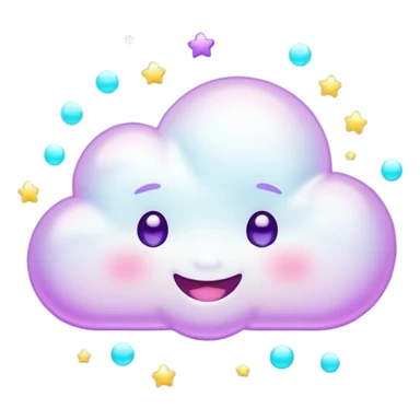 A tiny kawaii cloud emoji with a cheeky smile and wink, soft neon glow in purple/cyan, little sparkles floating, playful delulu vibe. sticker