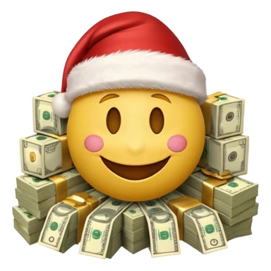 A festive 3D emoji style yellow smiley face wearing a Santa hat, surrounded by stacks of cash and dollar bills, joyful expression, Christmas and New Year theme, high quality, clean design, studio lighting, no text, no background, isolated object, transparent background, emojis.com style sticker