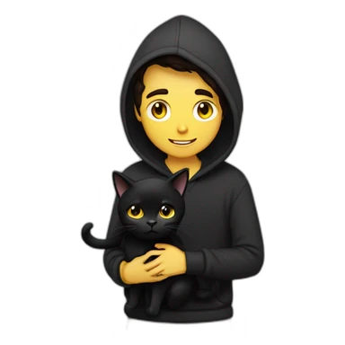 Guy with dark brown hair curtains  hairstyle and brown eyes wears black hoodie hugs a black cat with yellow eyes sticker