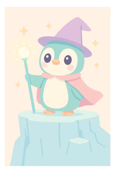 a heroic penguin wizard with a flowing cape, standing on an icy cliff, staff glowing sticker
