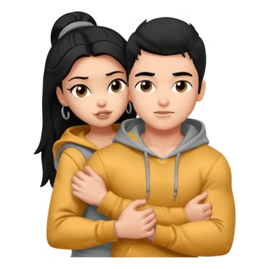 a pretty bratz boy with black hair and a grey hoodie, big biceps, hugging a girl with dark brown hair sticker
