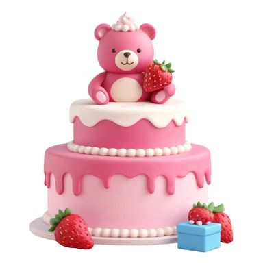 A 3D iOS style illustration of a cake in an open box with a small bear on top, featuring a pink cake with white frosting and a strawberry, set against a light brown background with sparkles. The design should be clean and have a polished look typical of iOS design language. sticker
