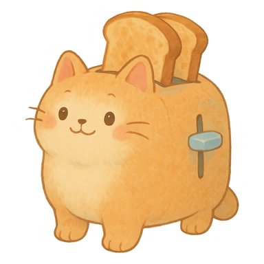 soft pastel-colored cat as a toaster, with two toast slices popping out, smiling sweetly, full-body sticker