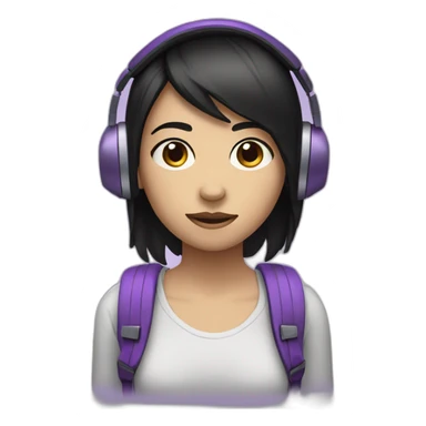a depressive girl with purple headphones and straight black hair she will have a purple backpack sticker