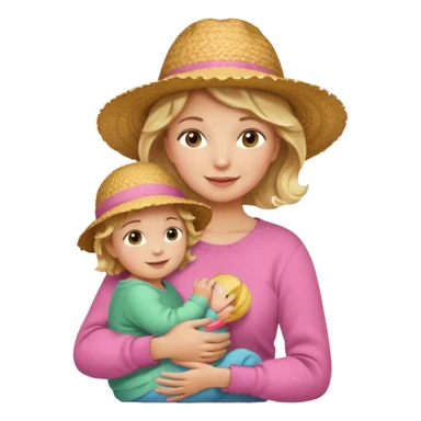 A cheerful wavy short blond hair mom in a straw hat carrying her child, wearing a pink sweater sticker