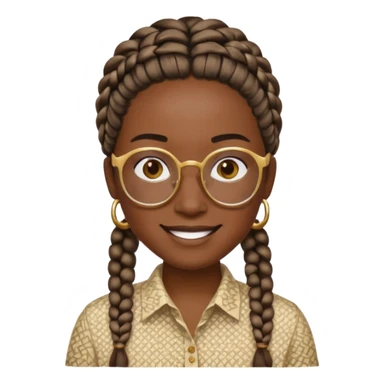 smiling face with black skin tone, golden glasses, braided hair, beige patterned shirt, no sweat drop, simple and expressive sticker