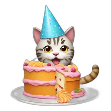 cat wearing a birthday hat eating a cake made out of fish sticker