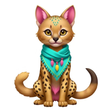 Colorful cute adorable tropical exotic fruity kiwi-green lemony rosy-pink blushing pastel neon-red Caracal-Cheetah-Civet-Trico-fusion-hybrid-animal-creature, full body, with tribal tattoos, wearing a yellow-and-cyan scarf sticker