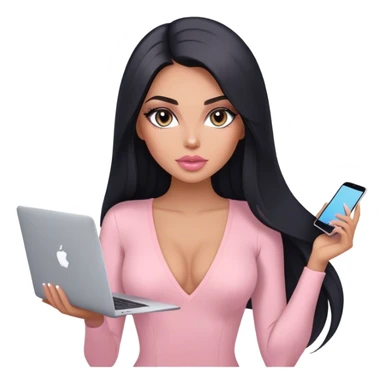 Glamours, tanned, very beautiful girl, with big pump peach-beige-rose lips, long lashes, black straight smooth silky long hair, straight parting hair, blue-grey eyes, in light-pink v-neck bodysuit holding MacBook sticker