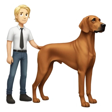 white male with long rainbow colored hair standing alongside a brown rhodesian ridgeback sticker
