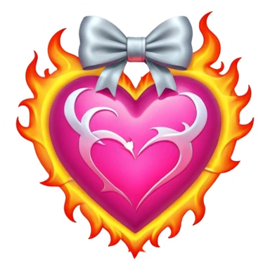 neon heart with a silver bow with heart pattern on the bow, with flames sticker