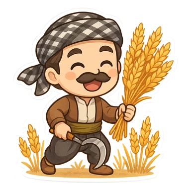 cartoon sticker of a Kurdish man wearing traditional clothes, happily harvesting wheat with a sickle (traditional tool), colorful and cheerful, no text, suitable for WhatsApp and Instagram, transparent background sticker