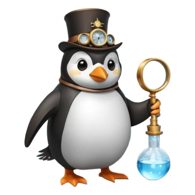 a steampunk engineer penguin analysing a data stream with a magnifying glass on top of an iceberg sticker