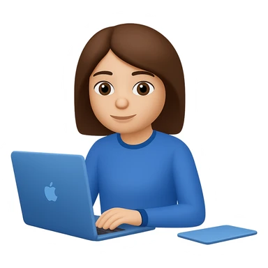 Change hair to brown, right hand forward to the front, keep blue clothes, hand on laptop. The style should resemble emoji style with no background. sticker