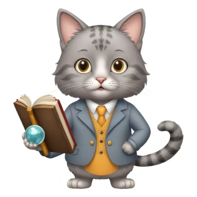 A cat with a mirror on its feet, a book in one hand, a teacher's stick in the other, and hair that looks like Einstein's. sticker