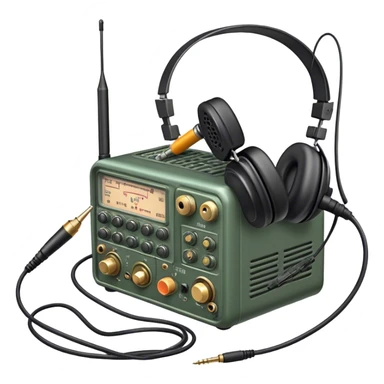 A photorealistic icon featuring a ham radio transceiver, headphones, microphone, antenna, and radio equipment like soldering tools and cables. The design includes detailed textures and realistic lighting, symbolizing the passion for amateur radio and communication. Transparent background. sticker