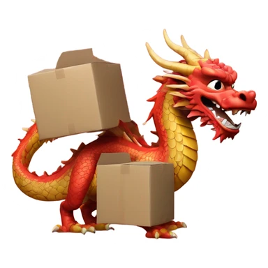 An emoji of a Chinese-style dragon carrying small cardboard boxes on its back, with a minimal red cloud background sticker