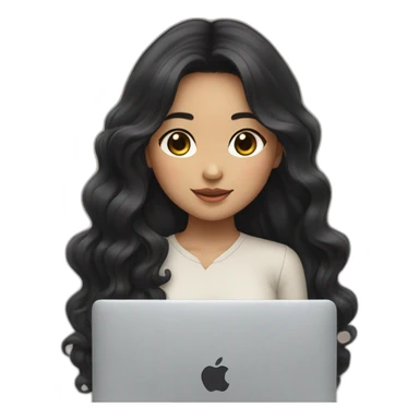 Korean girl with long and wavy black hair in front of her macbook sticker