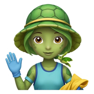 Haz una tortuga bonita, que sea niña, con ropa como si estuviera haciendo voluntariado, que Rea presente la limpieza de playas y el de refugio de animal sticker