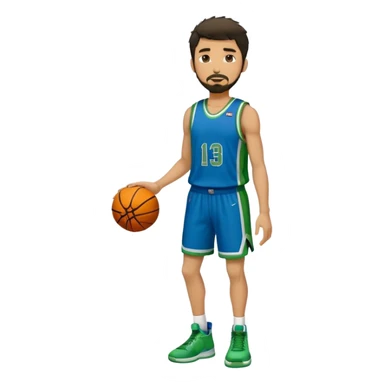 Full Body  white male basketball player with short dark shaggy hair and goatee wearing blue and green uniform sticker