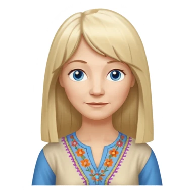 50 yr old white woman, hippie part bangs, very long straight blond hair, oval face, small smile, blue eyes, thin face, hair downback, hair parted at center of head, round cheeks, pale, longer hair, dress shirt sticker
